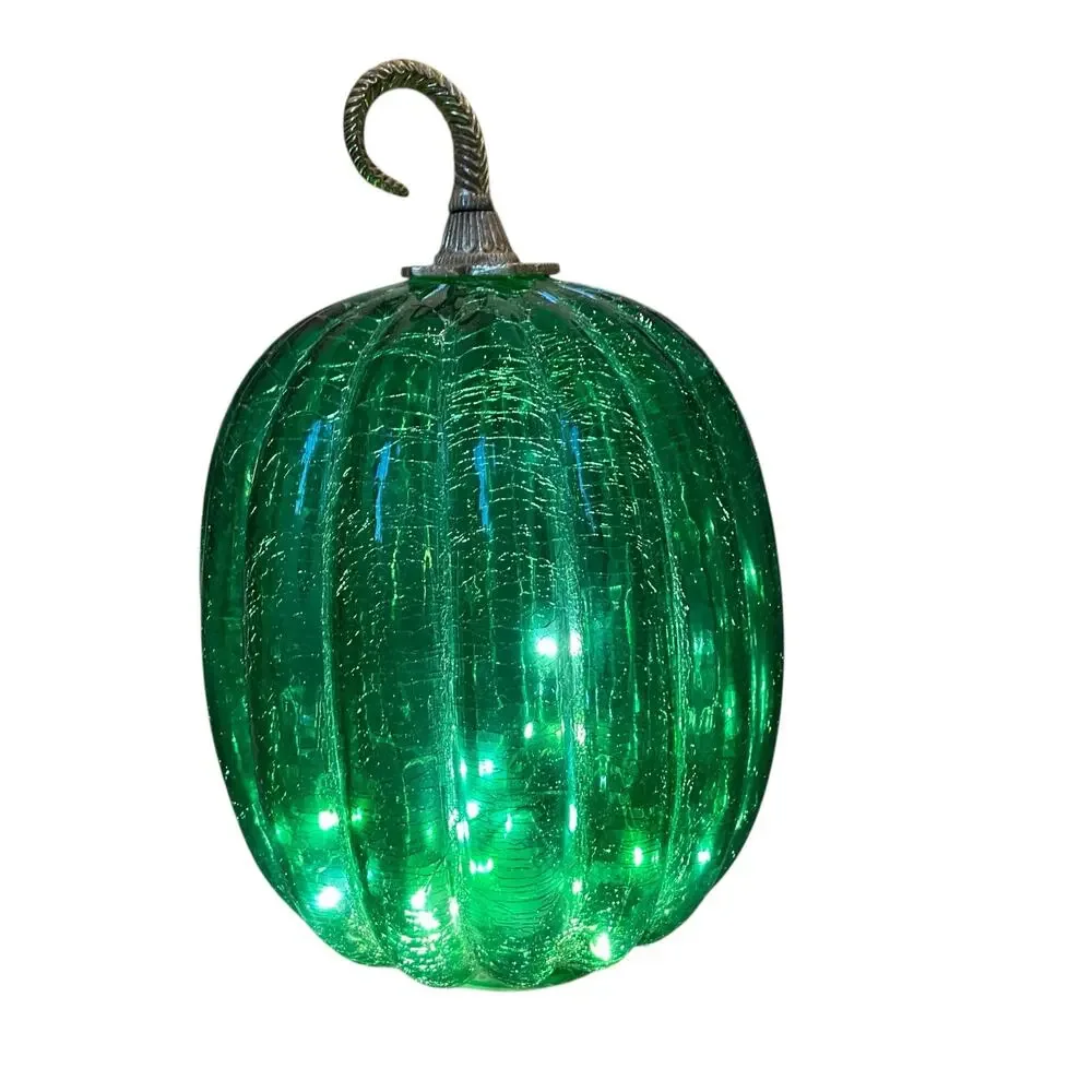 Illuminated LED Green Glass Pumpkin Gold Metal Stem 12.5
